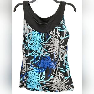 🔴Black Floral Print Tank Top with Blue Accents